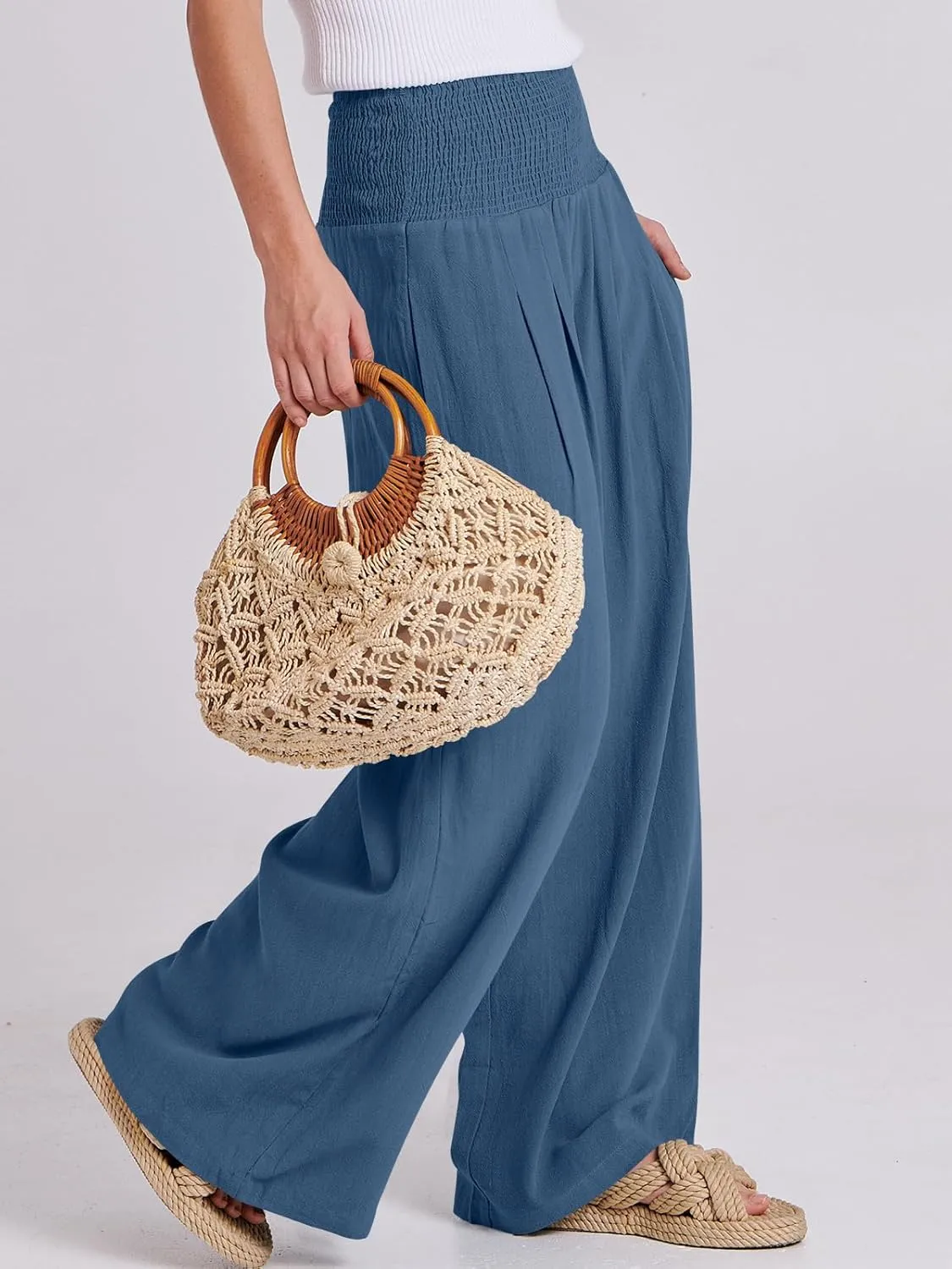 ANRABESS Women Linen Palazzo Pants Summer Boho Wide Leg High Waist Casual Lounge Pant 2025 Beach Travel Vacation Outfits