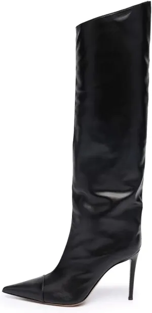 Arqa Metallic Boots for Women Pointed Toe High Stiletto Heel Knee High Boot Fashion Chrome Zipper Boot Dressy Party Shoes