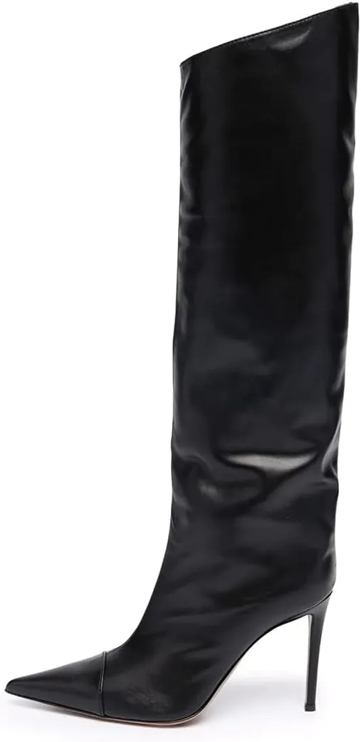 Arqa Metallic Boots for Women Pointed Toe High Stiletto Heel Knee High Boot Fashion Chrome Zipper Boot Dressy Party Shoes