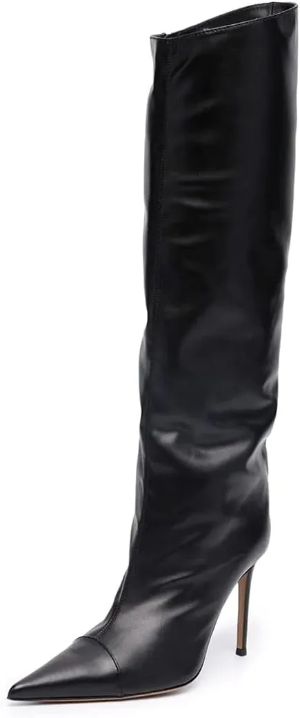 Arqa Metallic Boots for Women Pointed Toe High Stiletto Heel Knee High Boot Fashion Chrome Zipper Boot Dressy Party Shoes