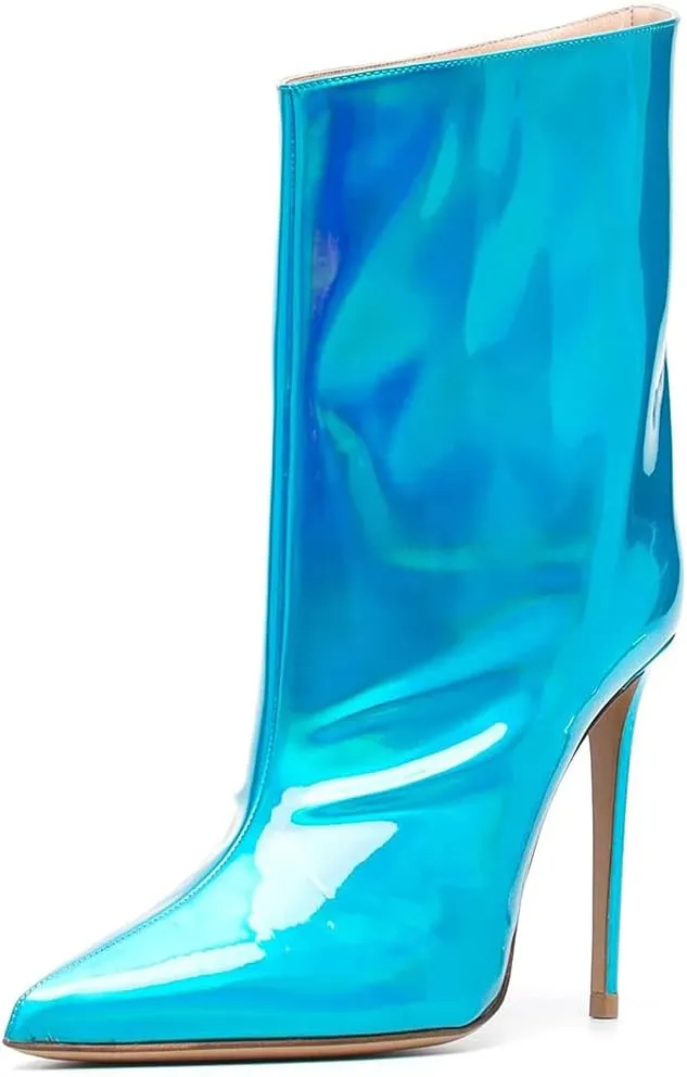 Arqa Women's Metallic Leather Boots, Pointed Toe Stiletto Heel Ankle Boot Wide Calf Fall Fashion Booties