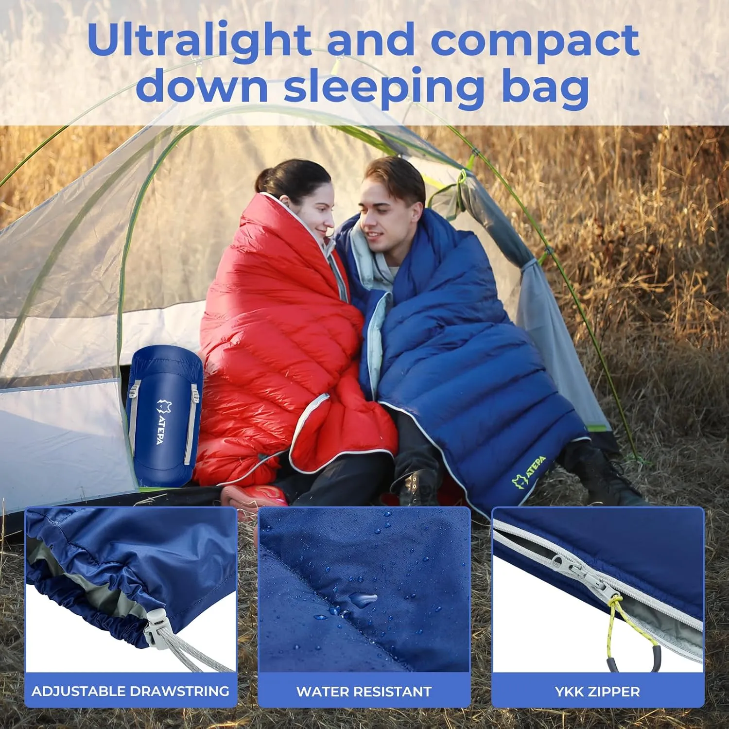 ATEPA Down Sleeping Bag for Adults, 650FP Ultralight 3 Season Compact Packable Sleeping Bag with Compression Sack for Camping Backpacking Hiking
