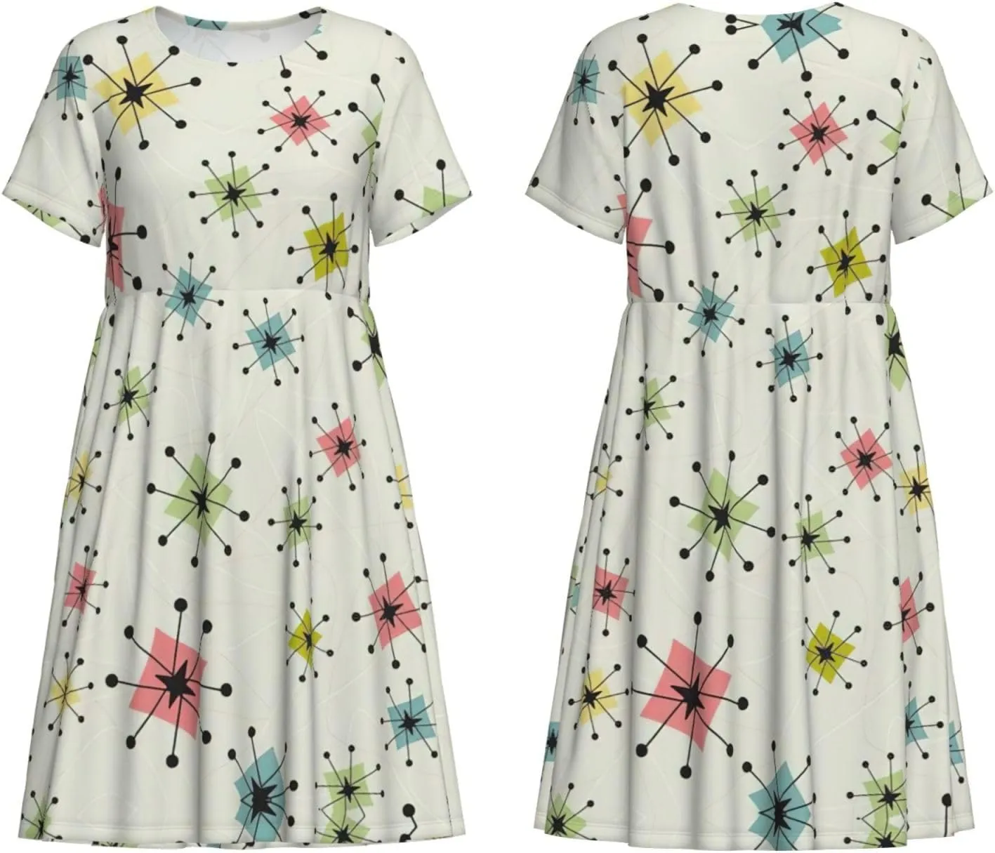 Atomic Stars Retro Pattern Womens Summer Dress Casual Swing Short Sleeve Sundresses Beach A-Line Shift Dress with Pockets