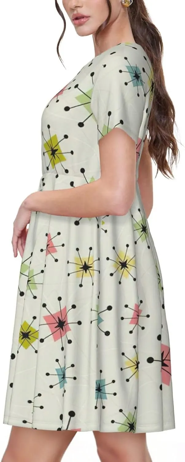 Atomic Stars Retro Pattern Womens Summer Dress Casual Swing Short Sleeve Sundresses Beach A-Line Shift Dress with Pockets