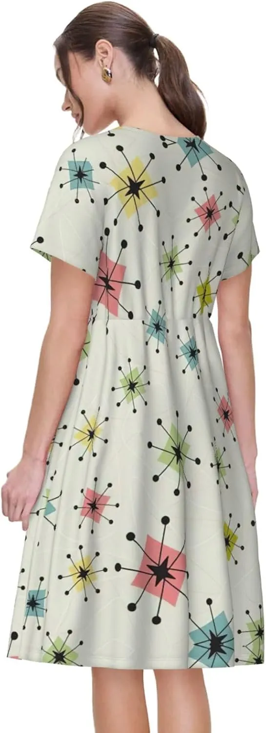 Atomic Stars Retro Pattern Womens Summer Dress Casual Swing Short Sleeve Sundresses Beach A-Line Shift Dress with Pockets