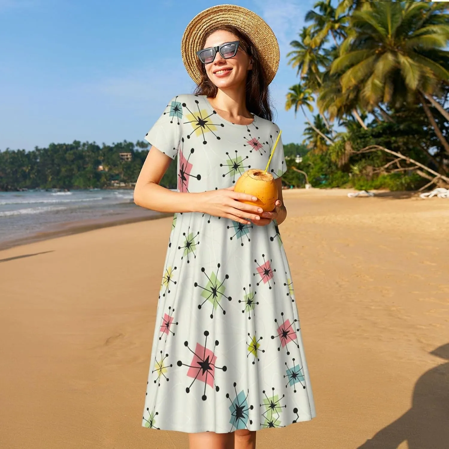 Atomic Stars Retro Pattern Womens Summer Dress Casual Swing Short Sleeve Sundresses Beach A-Line Shift Dress with Pockets