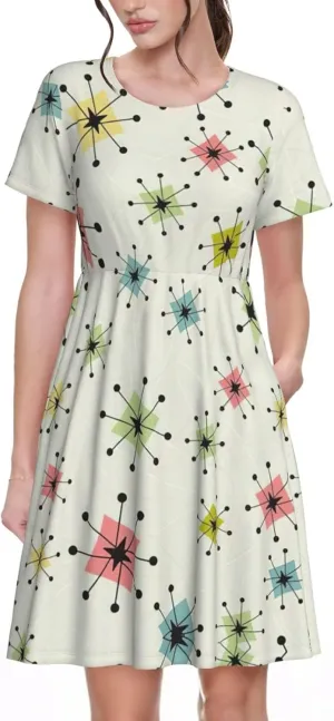 Atomic Stars Retro Pattern Womens Summer Dress Casual Swing Short Sleeve Sundresses Beach A-Line Shift Dress with Pockets