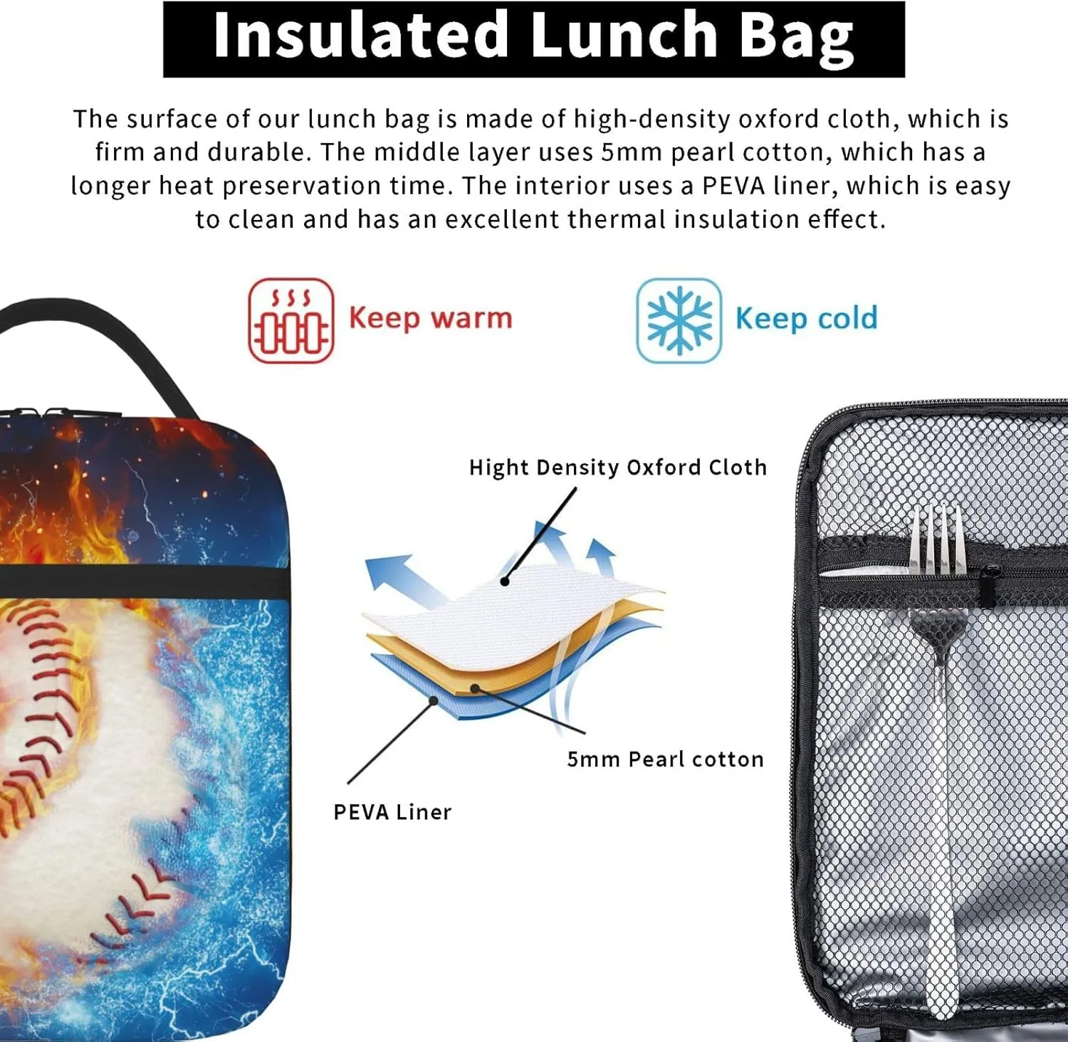 Baseball Lunch Box Sport Base Ball Lunch Tote Bag Fire & Water Printed Ice Lunch Bags Insulated Reusable Waterproof Portable With Handle For Girls Boy Kids Women Men School Work Travel Office Camping