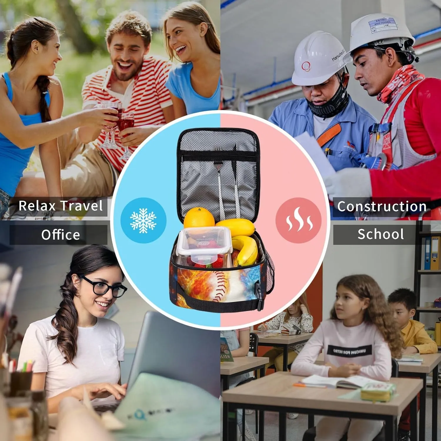 Baseball Lunch Box Sport Base Ball Lunch Tote Bag Fire & Water Printed Ice Lunch Bags Insulated Reusable Waterproof Portable With Handle For Girls Boy Kids Women Men School Work Travel Office Camping