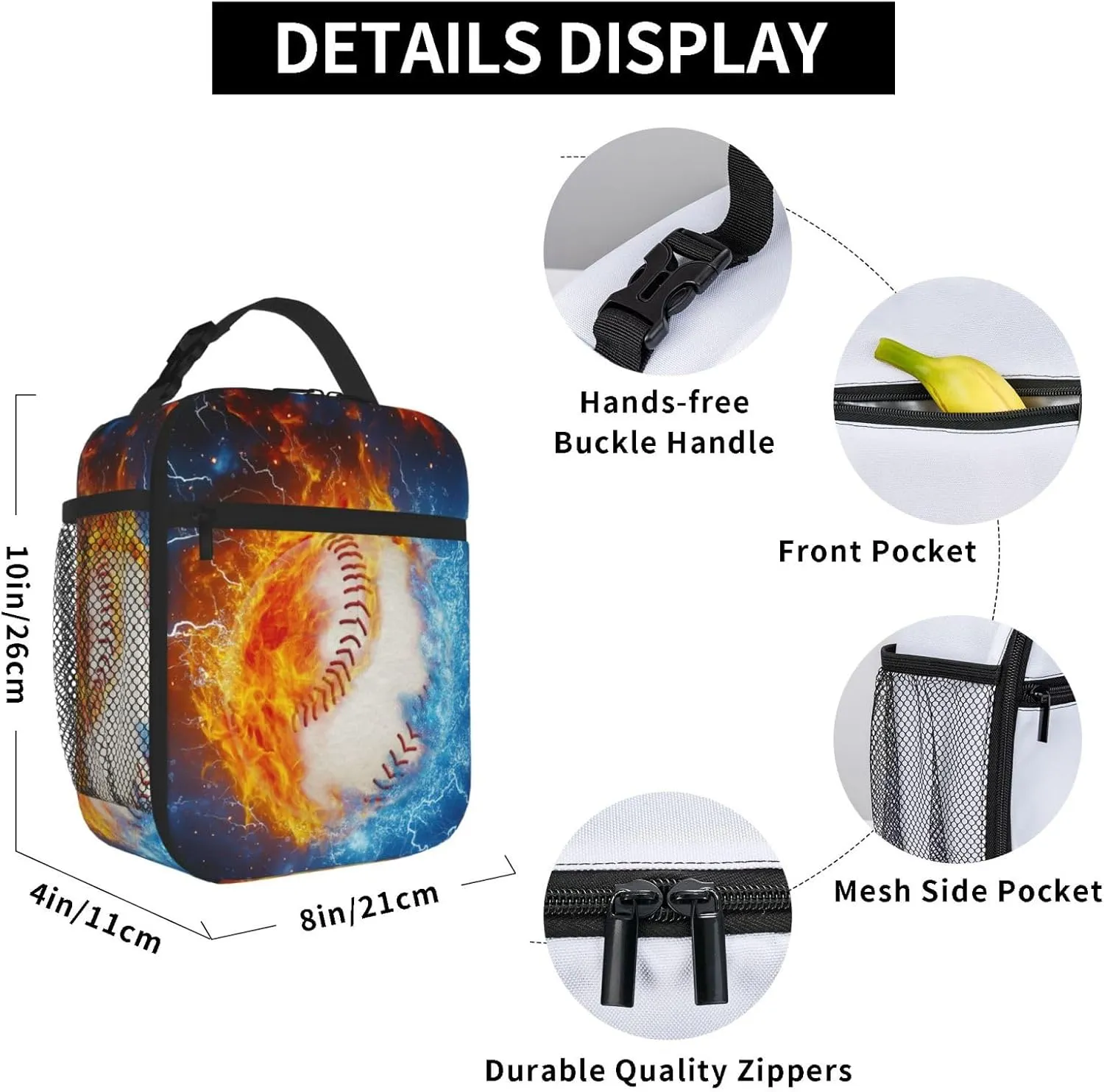 Baseball Lunch Box Sport Base Ball Lunch Tote Bag Fire & Water Printed Ice Lunch Bags Insulated Reusable Waterproof Portable With Handle For Girls Boy Kids Women Men School Work Travel Office Camping