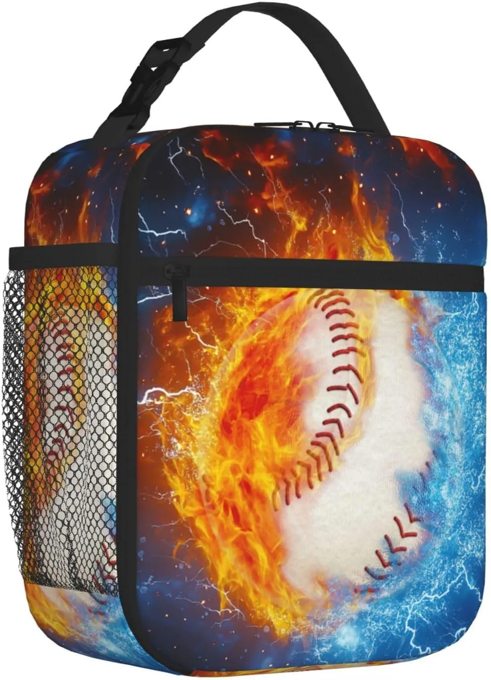 Baseball Lunch Box Sport Base Ball Lunch Tote Bag Fire & Water Printed Ice Lunch Bags Insulated Reusable Waterproof Portable With Handle For Girls Boy Kids Women Men School Work Travel Office Camping