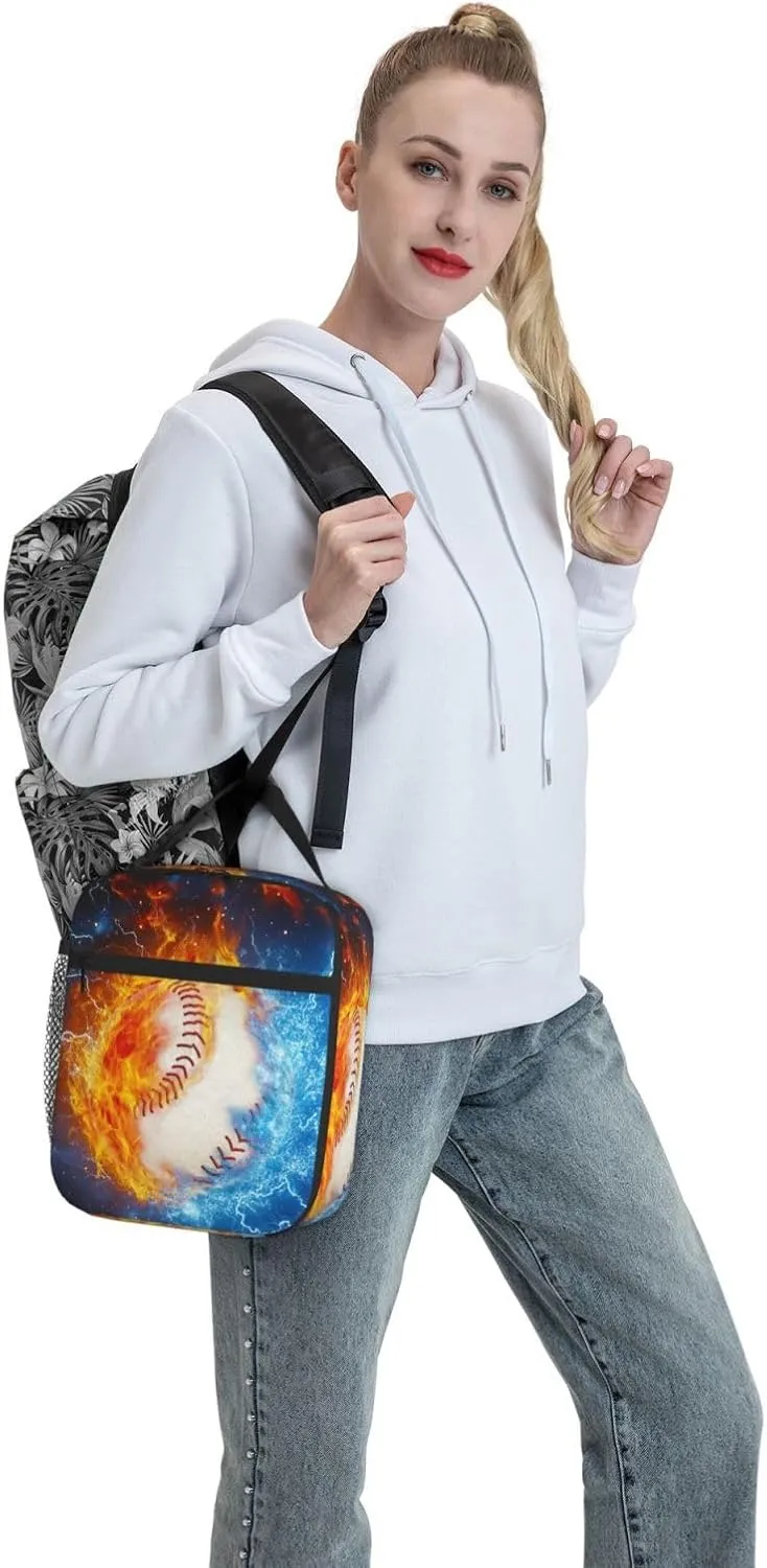 Baseball Lunch Box Sport Base Ball Lunch Tote Bag Fire & Water Printed Ice Lunch Bags Insulated Reusable Waterproof Portable With Handle For Girls Boy Kids Women Men School Work Travel Office Camping