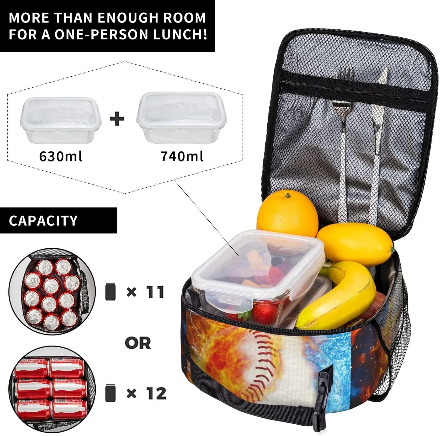Baseball Lunch Box Sport Base Ball Lunch Tote Bag Fire & Water Printed Ice Lunch Bags Insulated Reusable Waterproof Portable With Handle For Girls Boy Kids Women Men School Work Travel Office Camping
