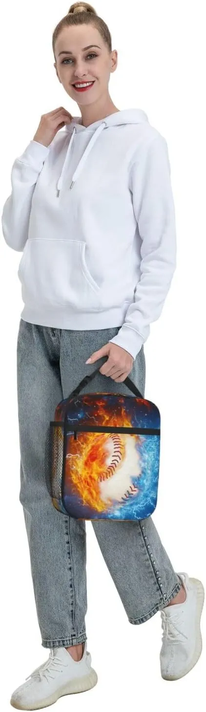 Baseball Lunch Box Sport Base Ball Lunch Tote Bag Fire & Water Printed Ice Lunch Bags Insulated Reusable Waterproof Portable With Handle For Girls Boy Kids Women Men School Work Travel Office Camping
