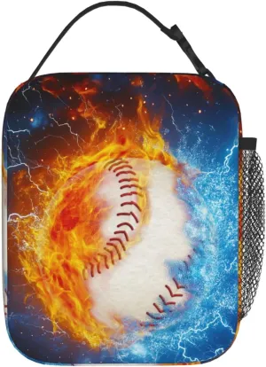 Baseball Lunch Box Sport Base Ball Lunch Tote Bag Fire & Water Printed Ice Lunch Bags Insulated Reusable Waterproof Portable With Handle For Girls Boy Kids Women Men School Work Travel Office Camping
