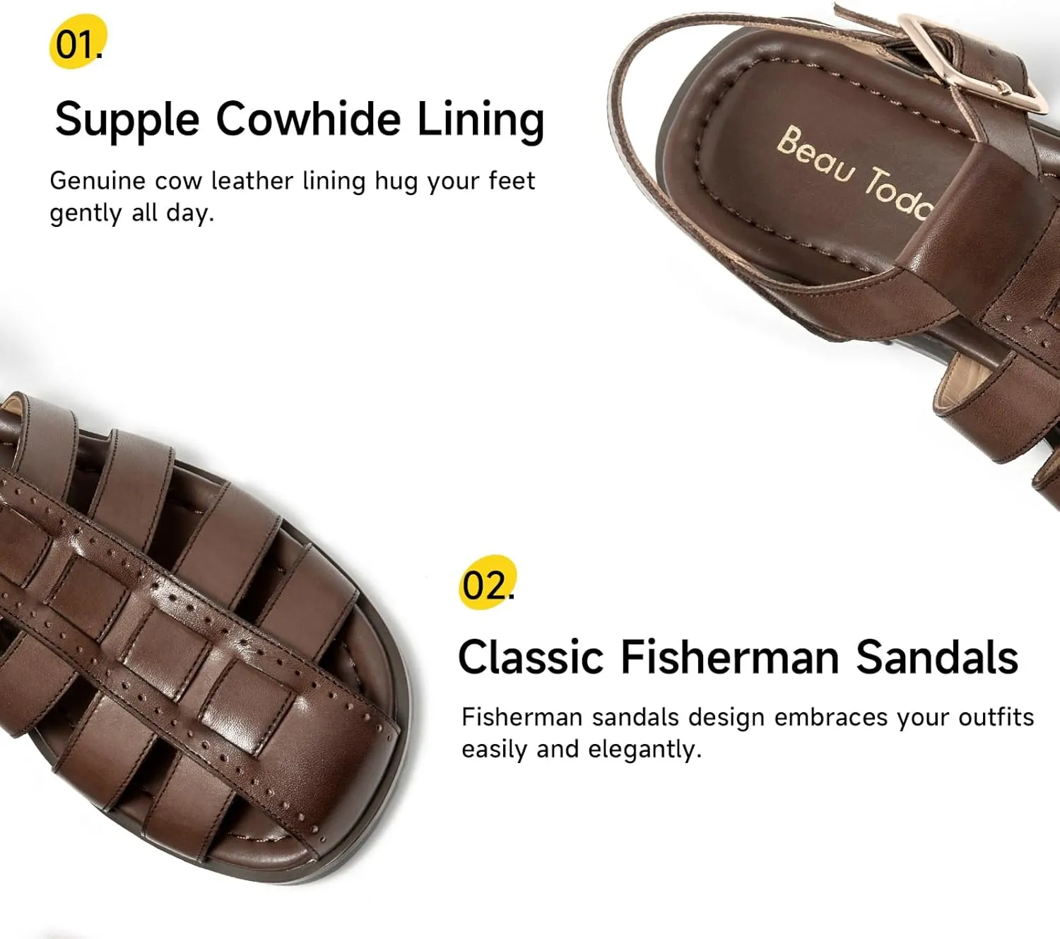 BEAU TODAY Fisherman Sandals for Women, Women’s Leather Flat Sandals, Gladiator Strappy Close Toe Roman Sandals Shoes Comfortable Dress Buckle Summer Shoes