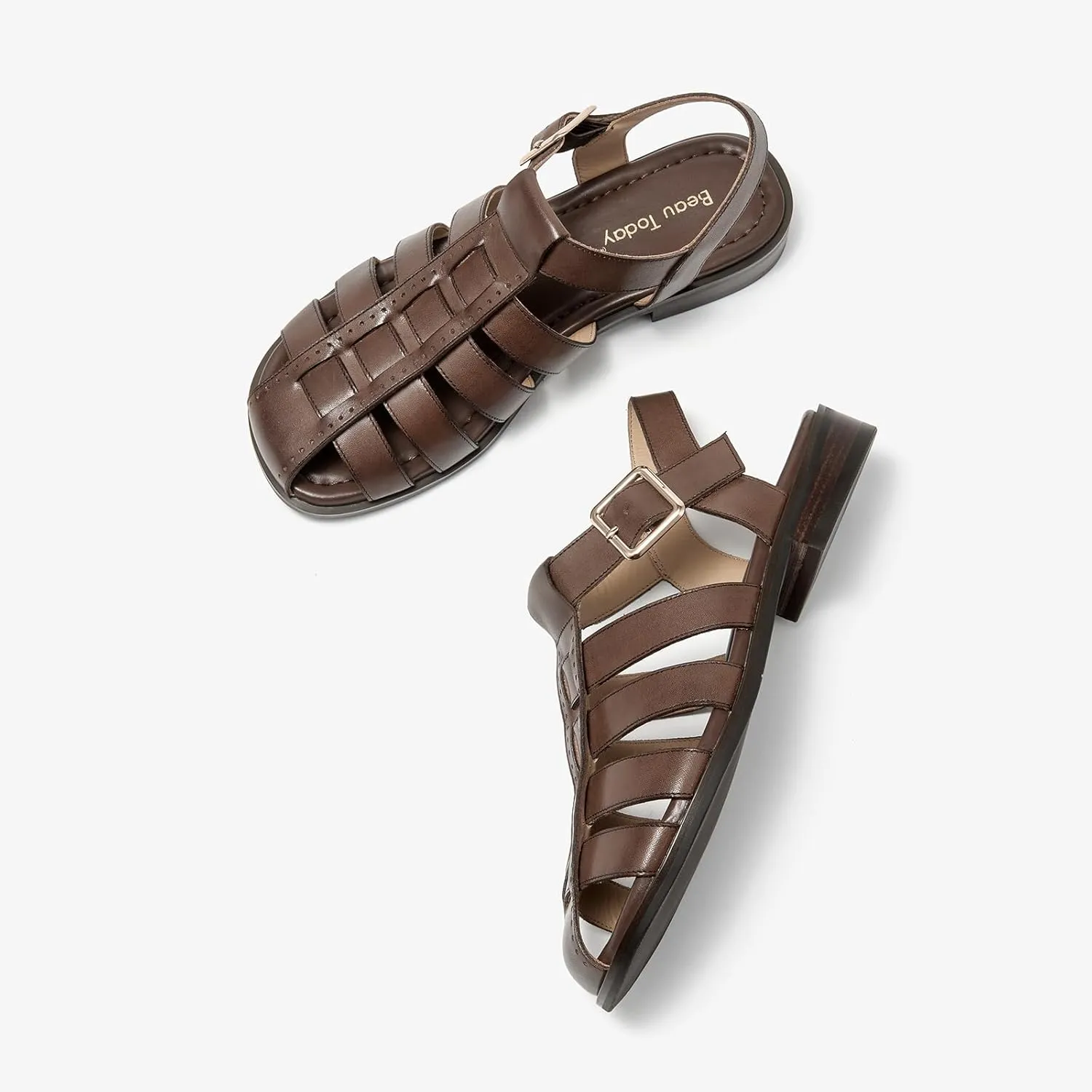 BEAU TODAY Fisherman Sandals for Women, Women’s Leather Flat Sandals, Gladiator Strappy Close Toe Roman Sandals Shoes Comfortable Dress Buckle Summer Shoes