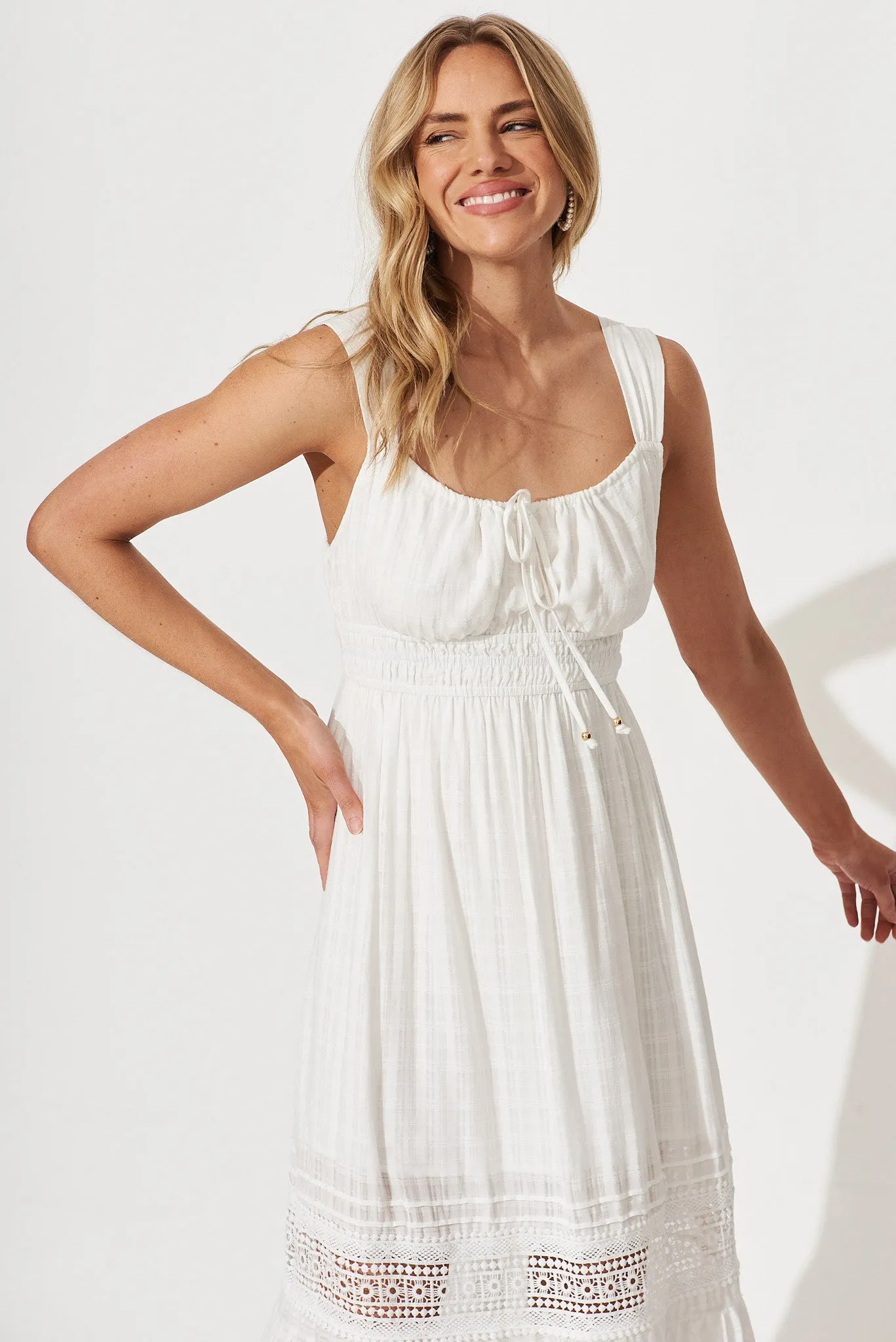 Beautiful Day Midi Sundress In White Cotton