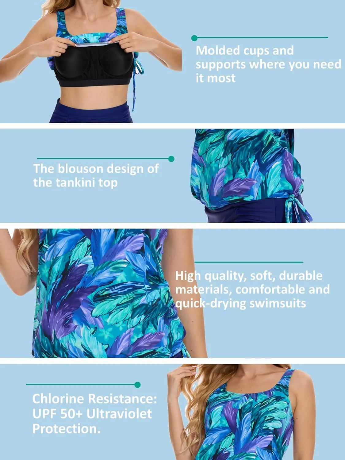 BIMEI Pocketed Split Mastectomy Swimsuit Tankini Swimwear Women Two Piece Swim Top Shorts Bathing Suits 238