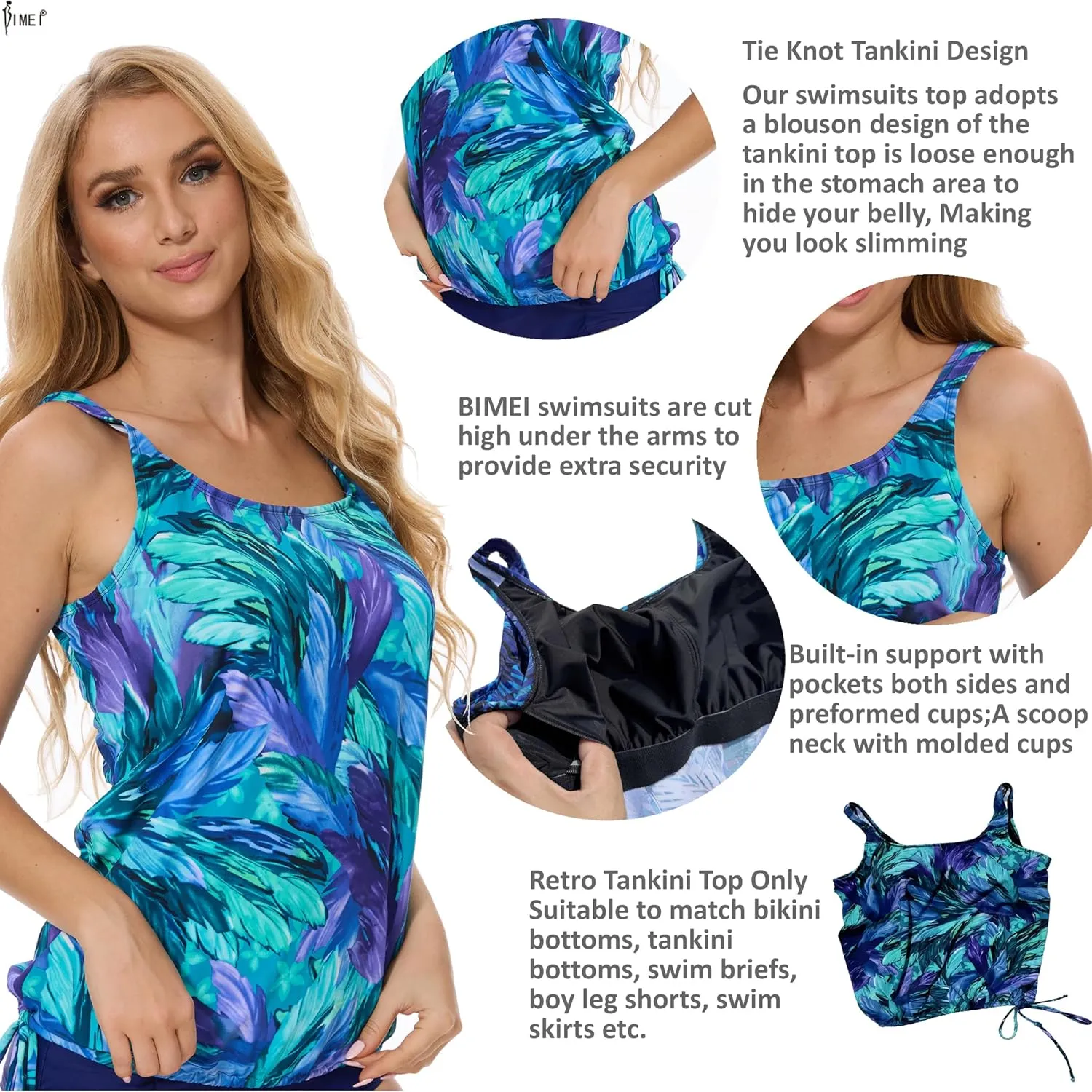BIMEI Pocketed Split Mastectomy Swimsuit Tankini Swimwear Women Two Piece Swim Top Shorts Bathing Suits 238