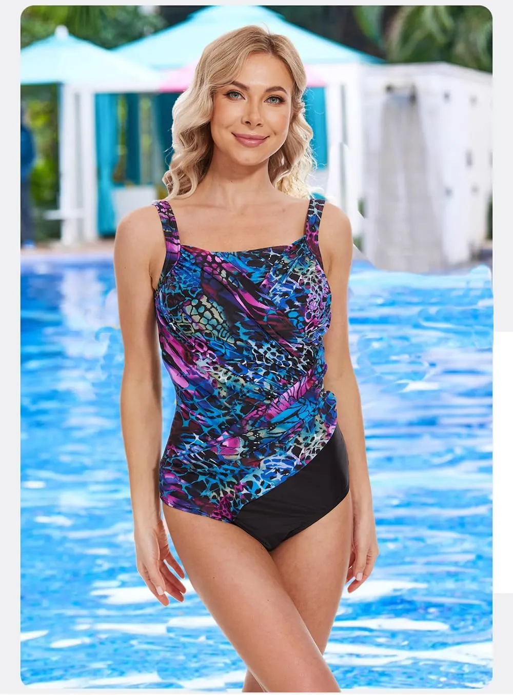 BIMEI Women's One-Piece Mastectomy Swimsuit Pocketed Swimwear High Neck Skirt Swimdress Sun Dress 2305