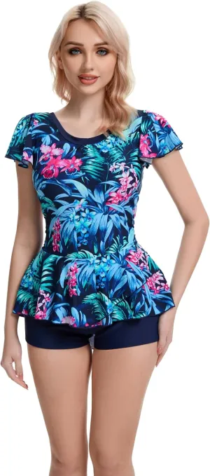 BIMEI Women's One-Piece Mastectomy Swimsuit Pocketed Tummy Control Swimdress Shaping Skirted Swimwear with Boyshorts 2508