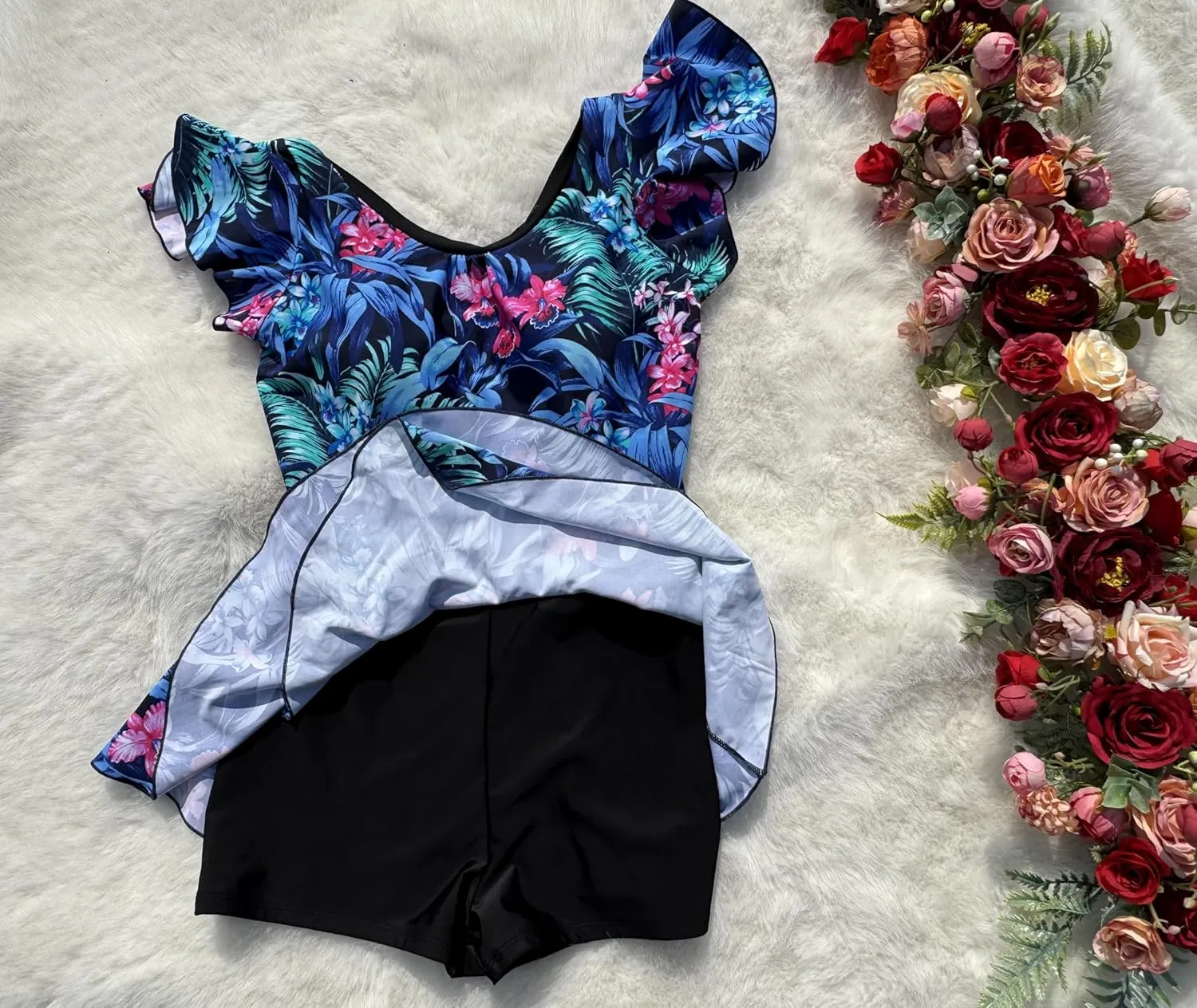 BIMEI Women's One-Piece Mastectomy Swimsuit Pocketed Tummy Control Swimdress Shaping Skirted Swimwear with Boyshorts 2508