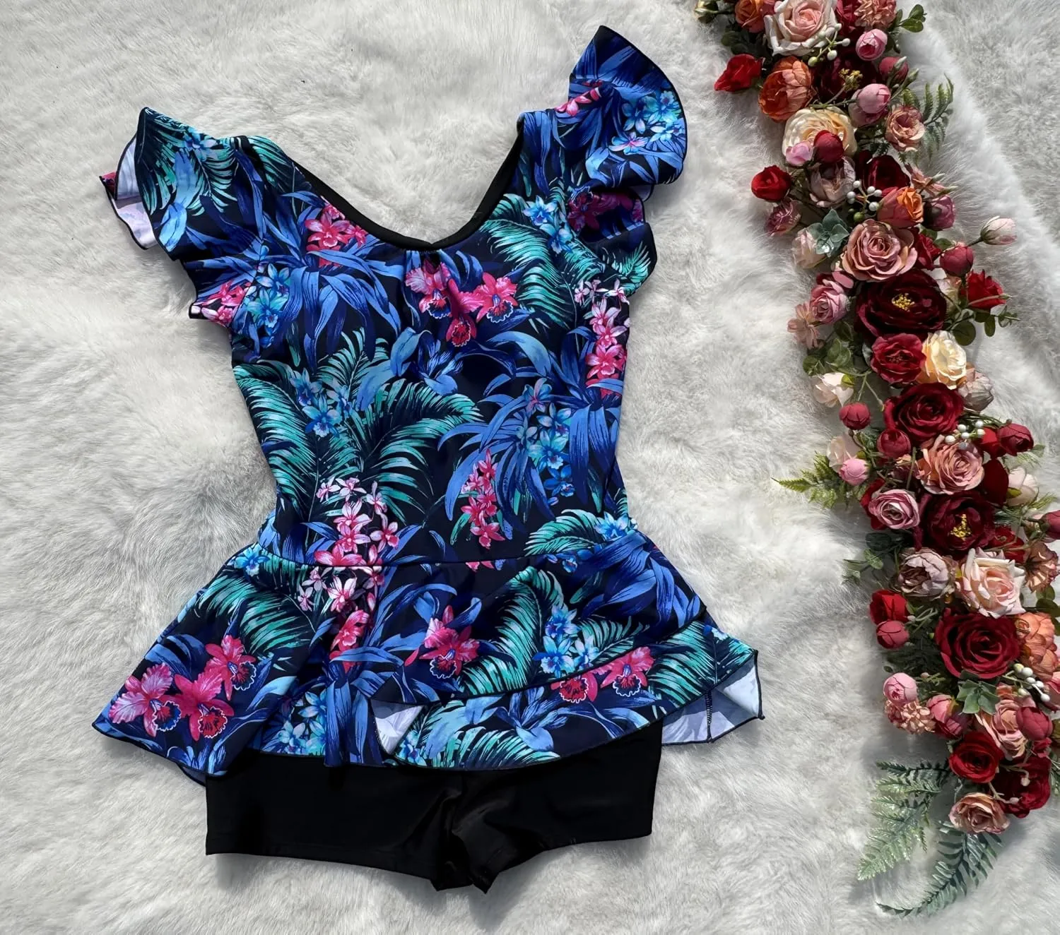 BIMEI Women's One-Piece Mastectomy Swimsuit Pocketed Tummy Control Swimdress Shaping Skirted Swimwear with Boyshorts 2508