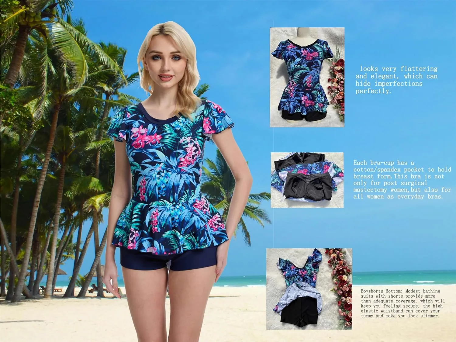 BIMEI Women's One-Piece Mastectomy Swimsuit Pocketed Tummy Control Swimdress Shaping Skirted Swimwear with Boyshorts 2508