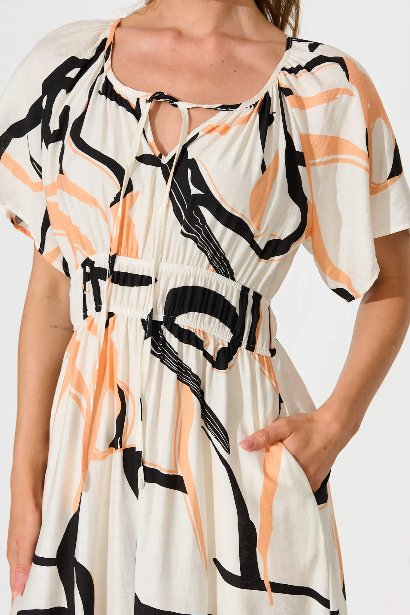 Bindi Midi Dress In Beige With Black Print