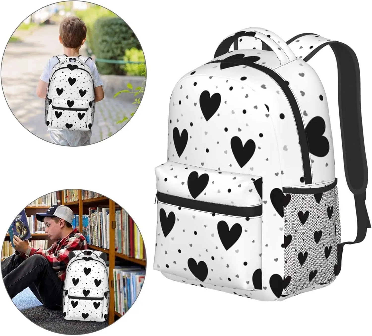 Black And White Hearts Backpack For College School Large Laptop Bag Shoulder Bags Student Bookbag 17 Inch