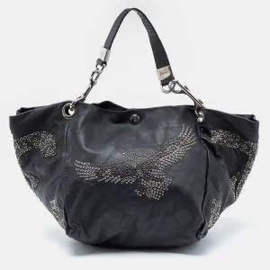Black Embellished Leather And Snake Lohla Grommet Hobo
