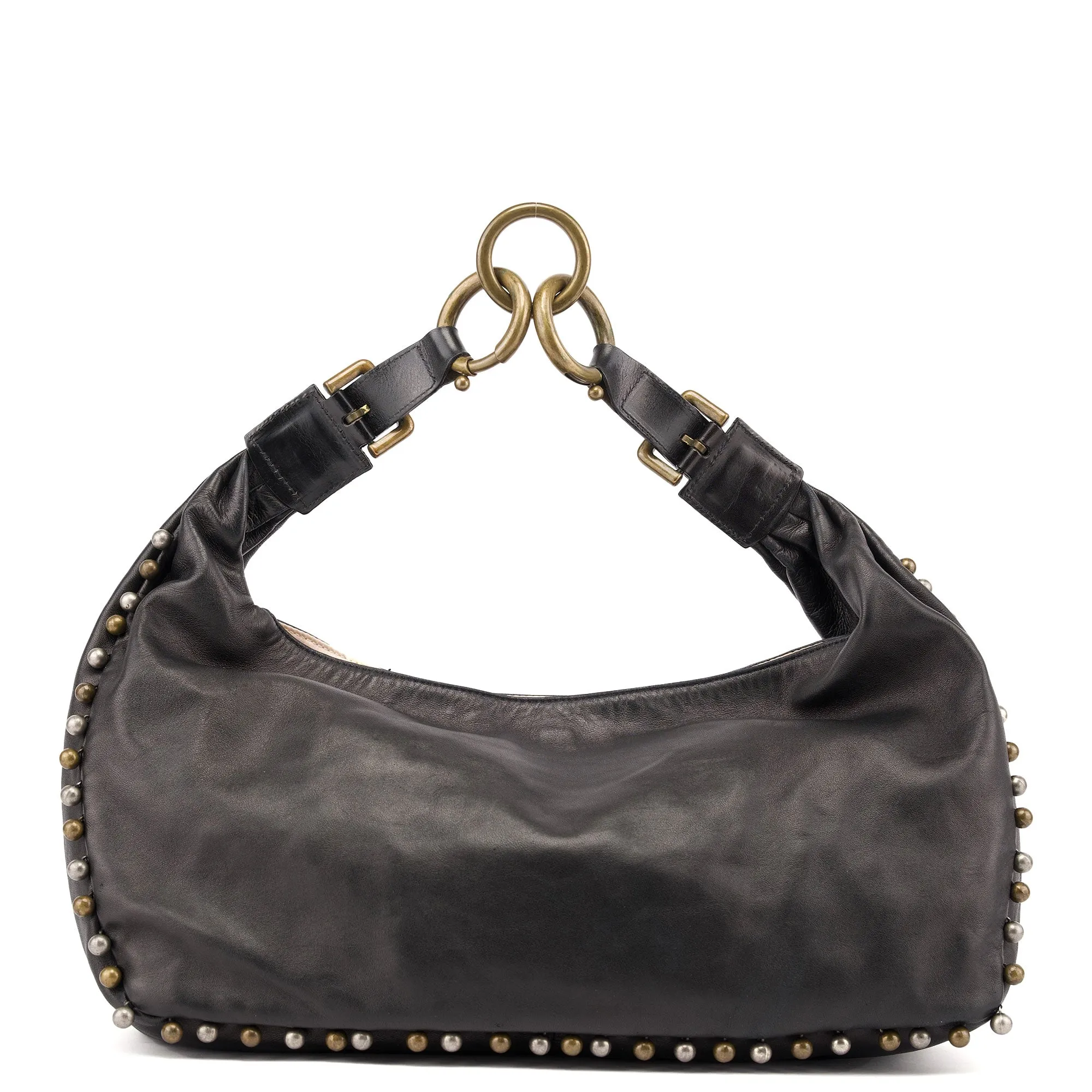 Black Leather Canvas Embellished Hobo Bag