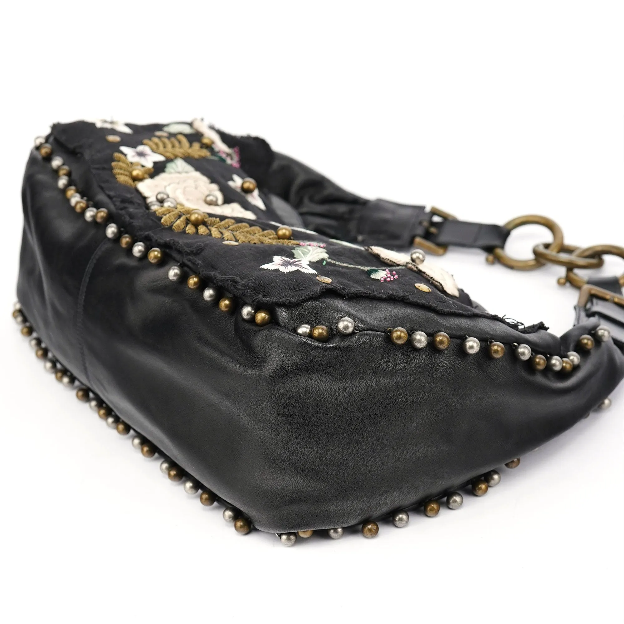 Black Leather Canvas Embellished Hobo Bag