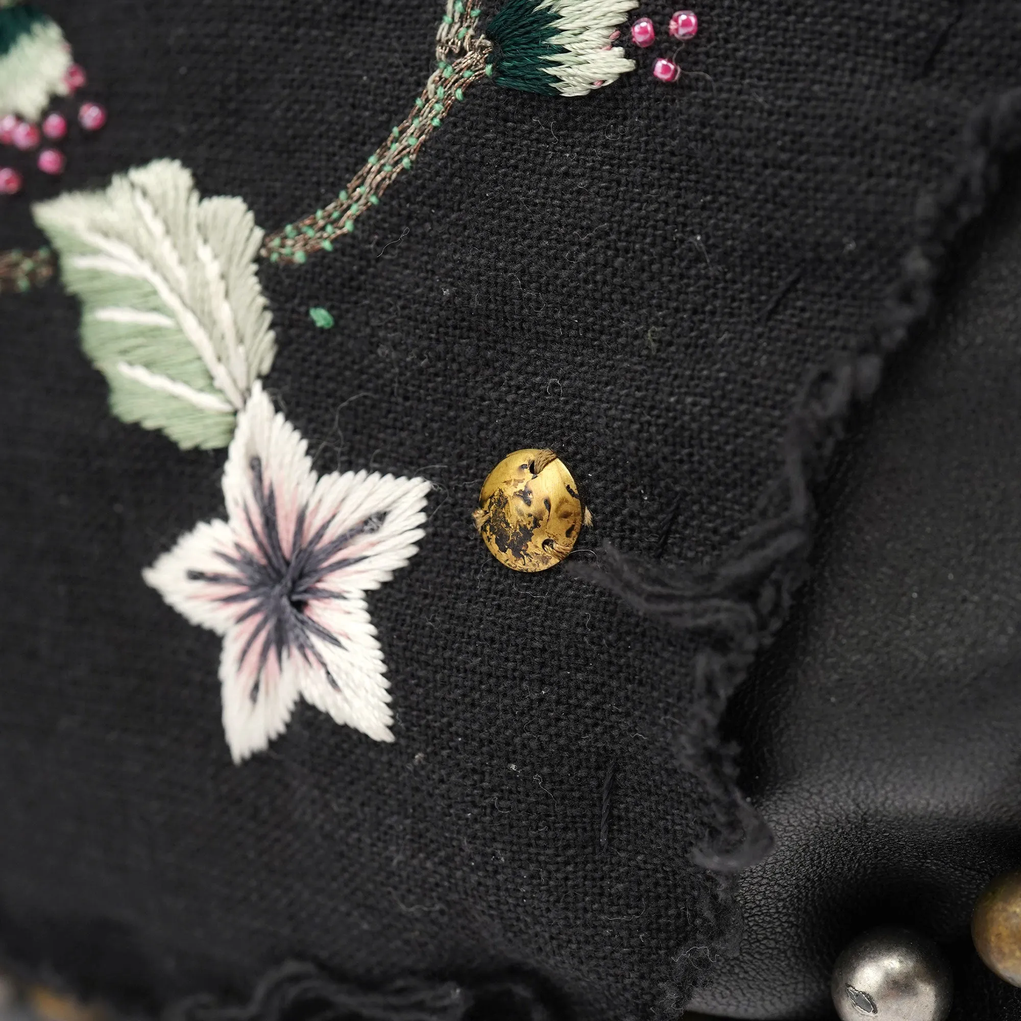 Black Leather Canvas Embellished Hobo Bag