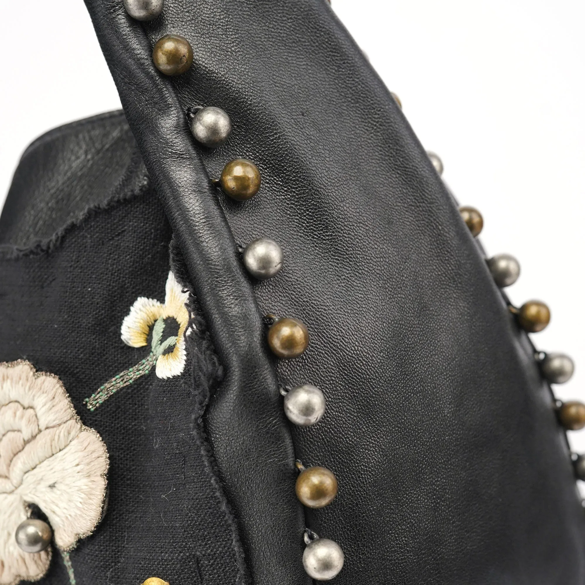 Black Leather Canvas Embellished Hobo Bag