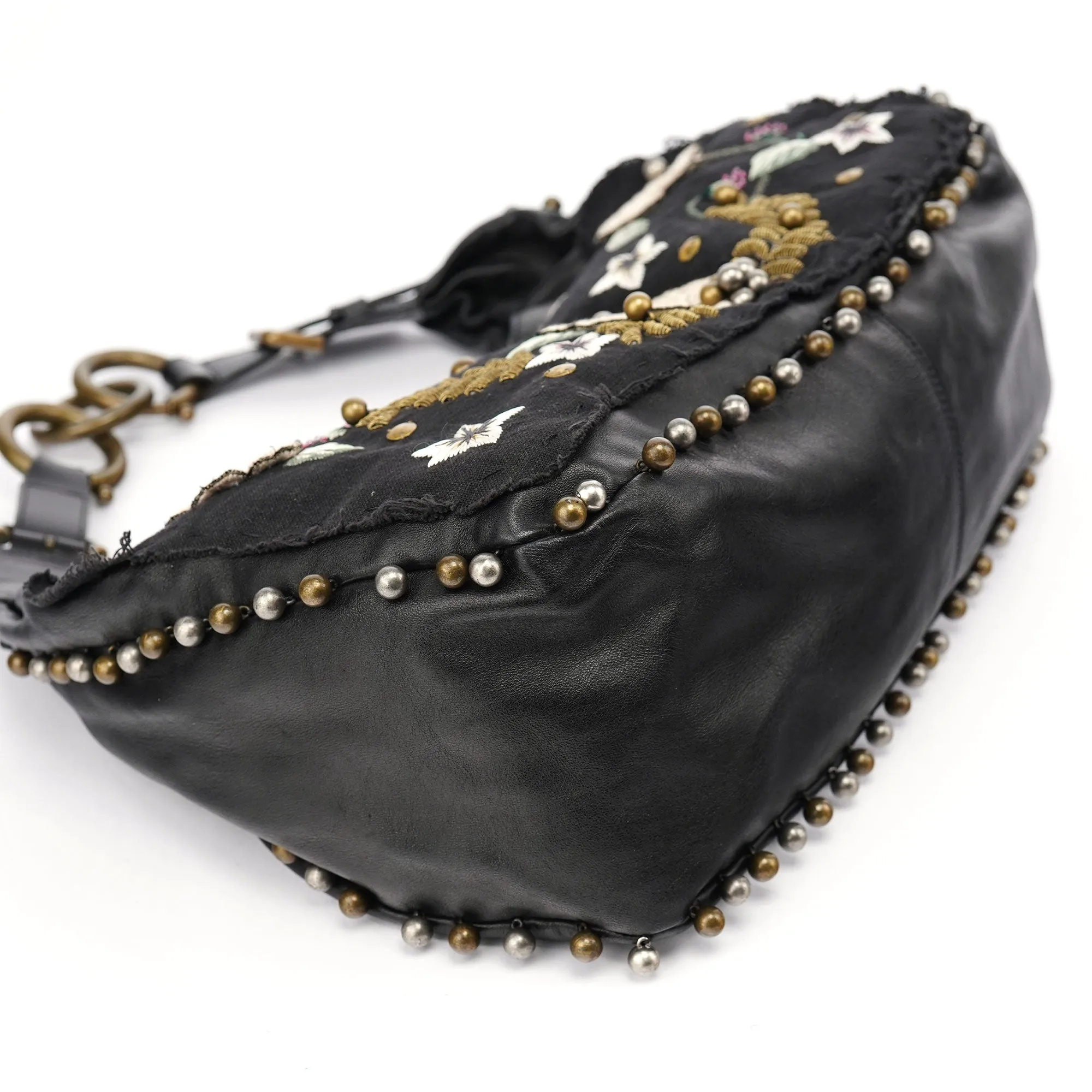 Black Leather Canvas Embellished Hobo Bag