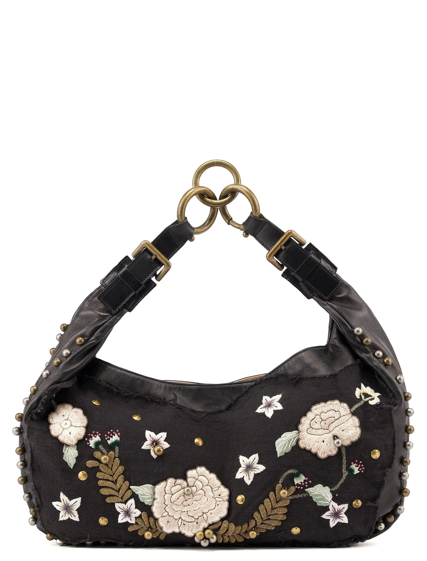 Black Leather Canvas Embellished Hobo Bag