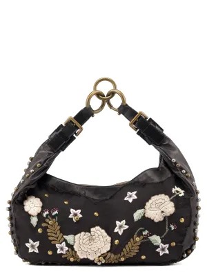 Black Leather Canvas Embellished Hobo Bag