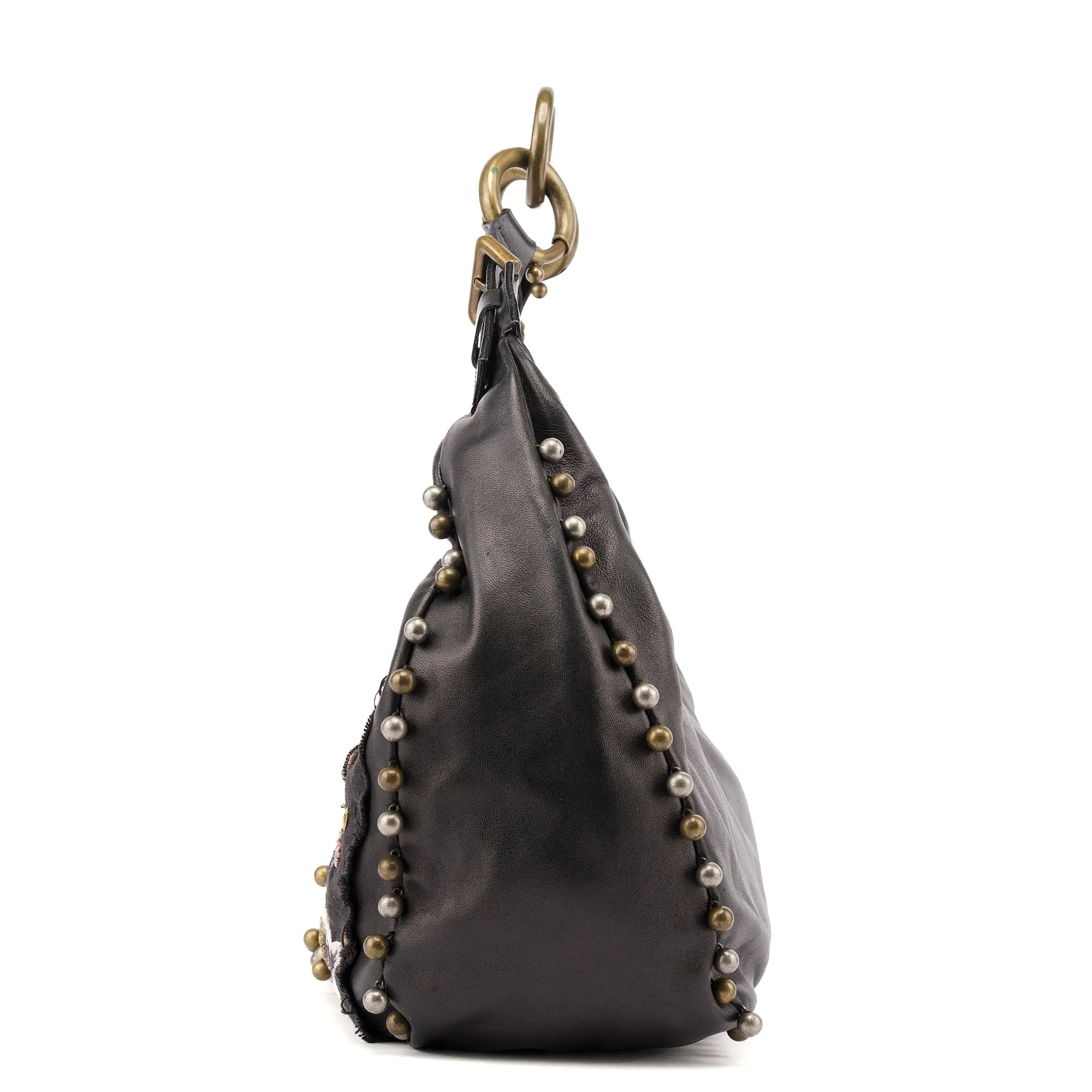 Black Leather Canvas Embellished Hobo Bag