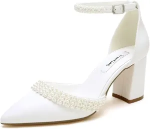 Block Heel Wedding Shoes for Bride Pointed Toe Pearl Heels Ankle Strap Wedding Heels Bridal Shoes