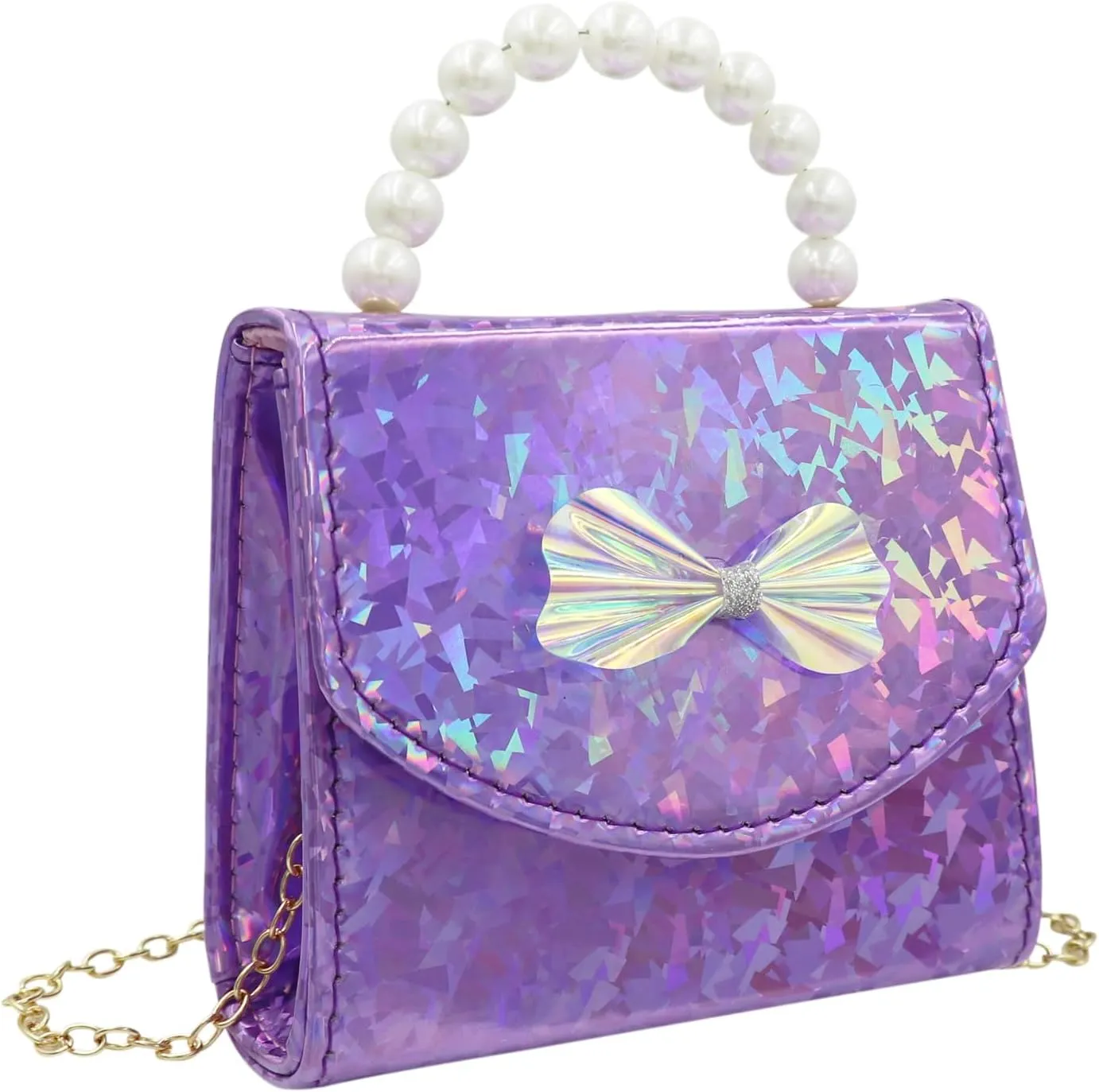 BOLLEY JOSS Kids Mini Purse Little Girls Shiny Holographic Handbag with Pearl Handle Gold Chain Cute Bowknot Purse