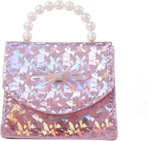 BOLLEY JOSS Kids Mini Purse Little Girls Shiny Holographic Handbag with Pearl Handle Gold Chain Cute Bowknot Purse