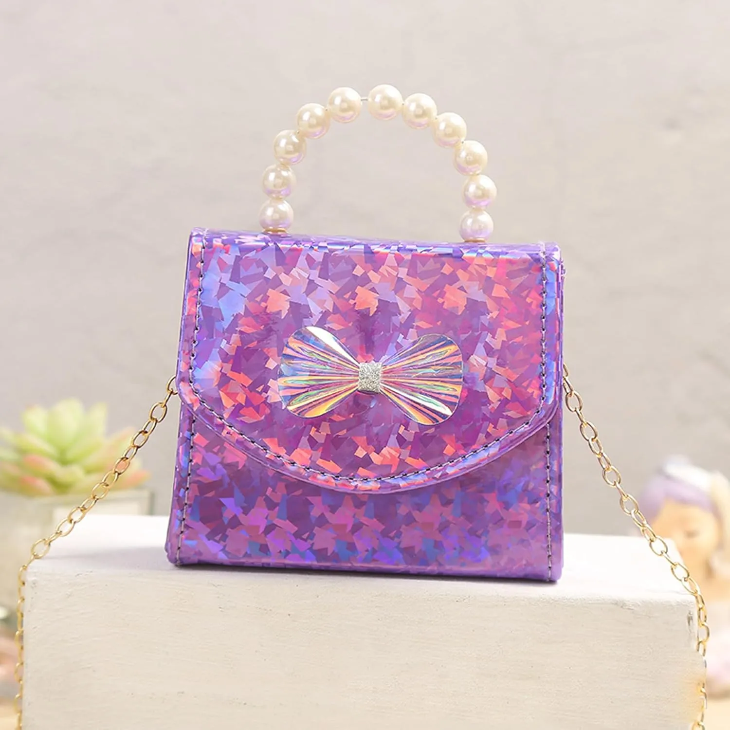 BOLLEY JOSS Kids Mini Purse Little Girls Shiny Holographic Handbag with Pearl Handle Gold Chain Cute Bowknot Purse