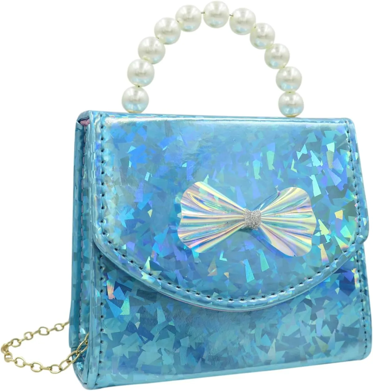 BOLLEY JOSS Kids Mini Purse Little Girls Shiny Holographic Handbag with Pearl Handle Gold Chain Cute Bowknot Purse