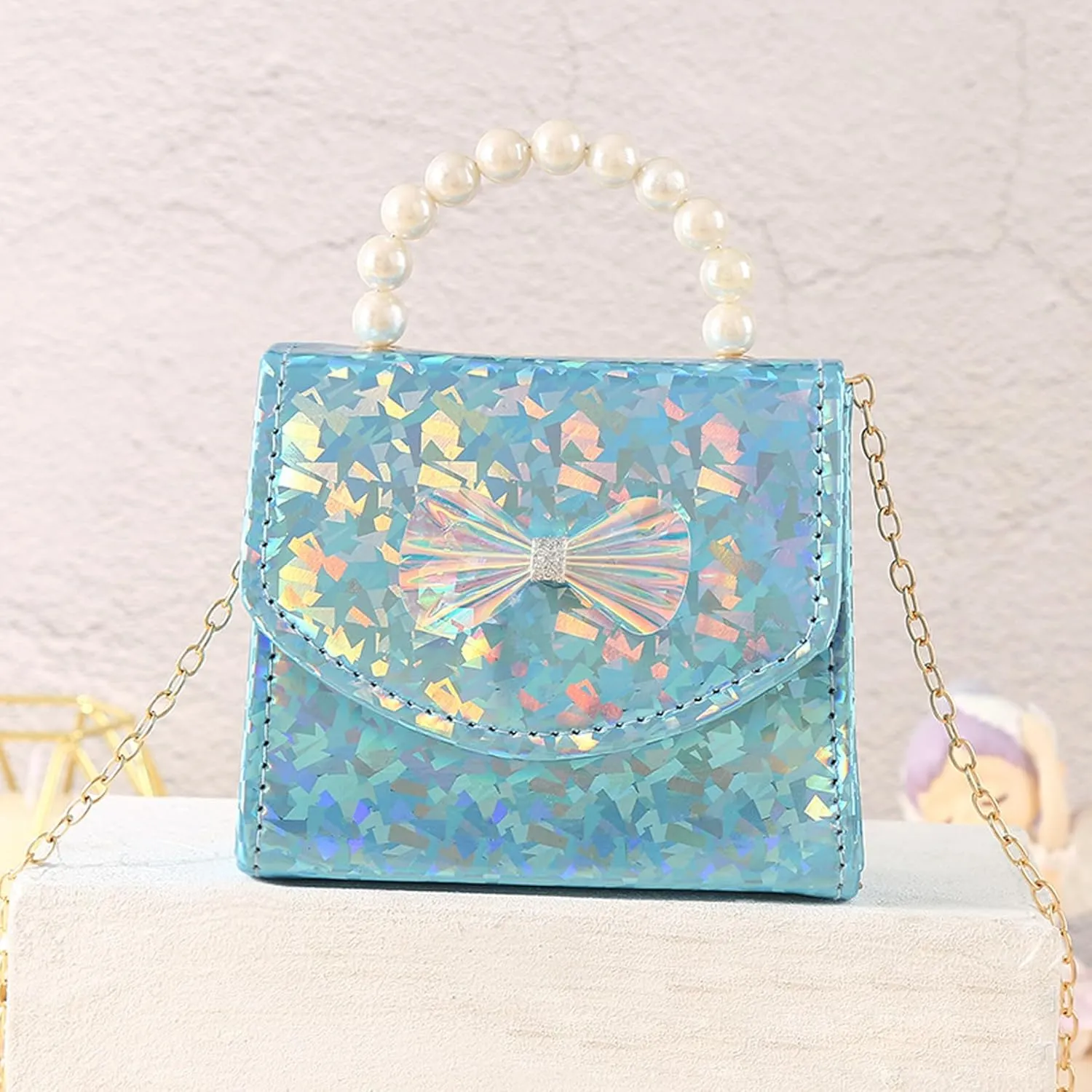 BOLLEY JOSS Kids Mini Purse Little Girls Shiny Holographic Handbag with Pearl Handle Gold Chain Cute Bowknot Purse