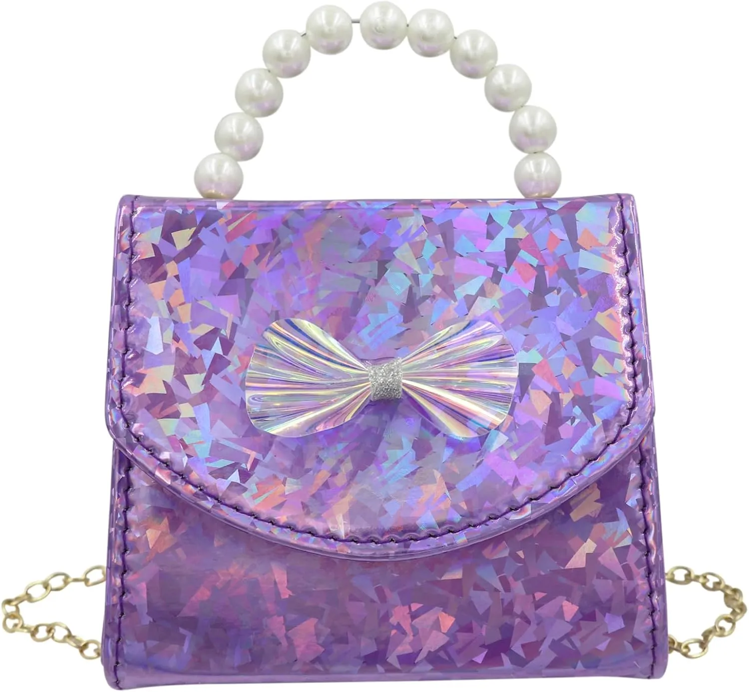 BOLLEY JOSS Kids Mini Purse Little Girls Shiny Holographic Handbag with Pearl Handle Gold Chain Cute Bowknot Purse