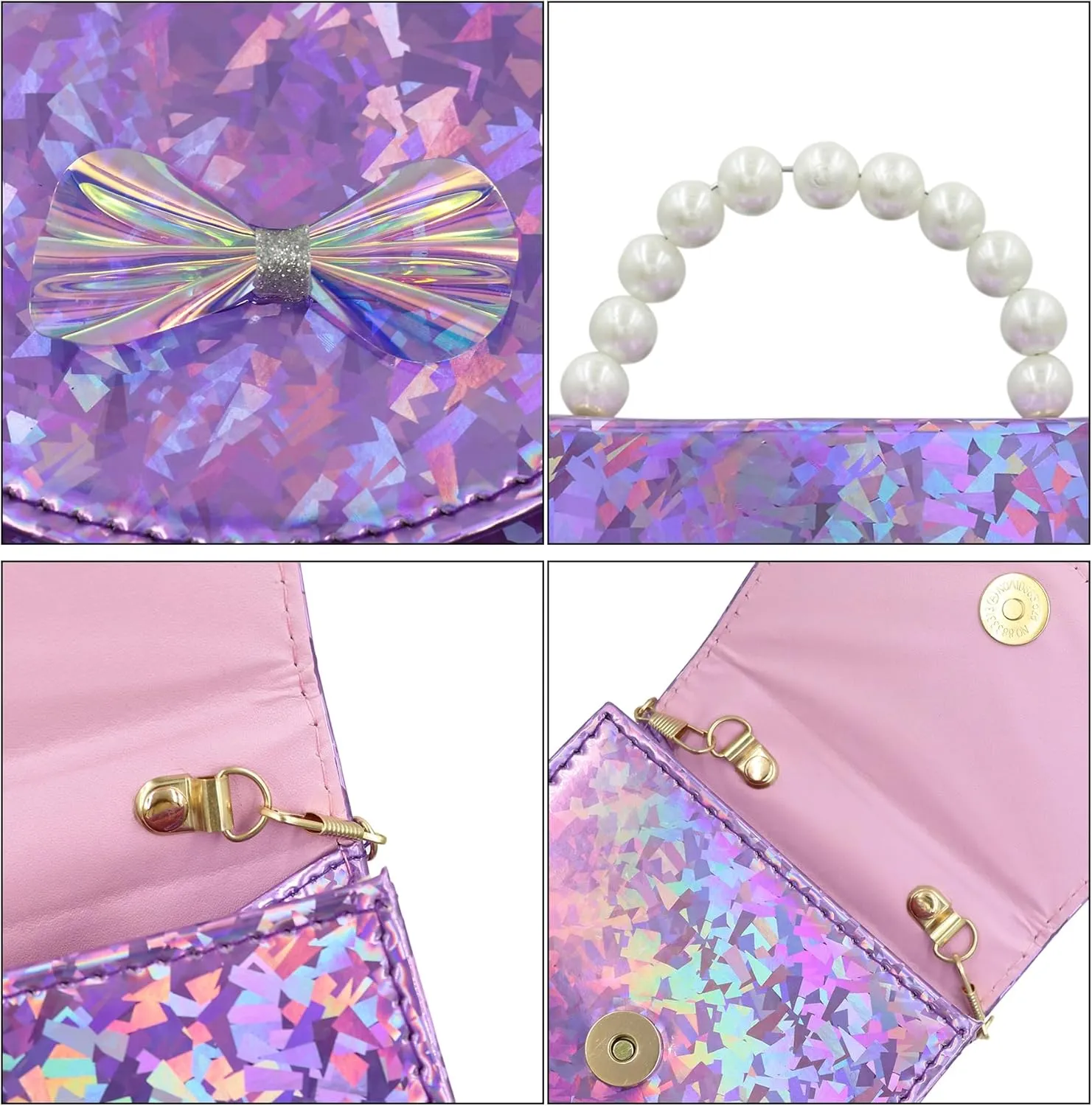 BOLLEY JOSS Kids Mini Purse Little Girls Shiny Holographic Handbag with Pearl Handle Gold Chain Cute Bowknot Purse