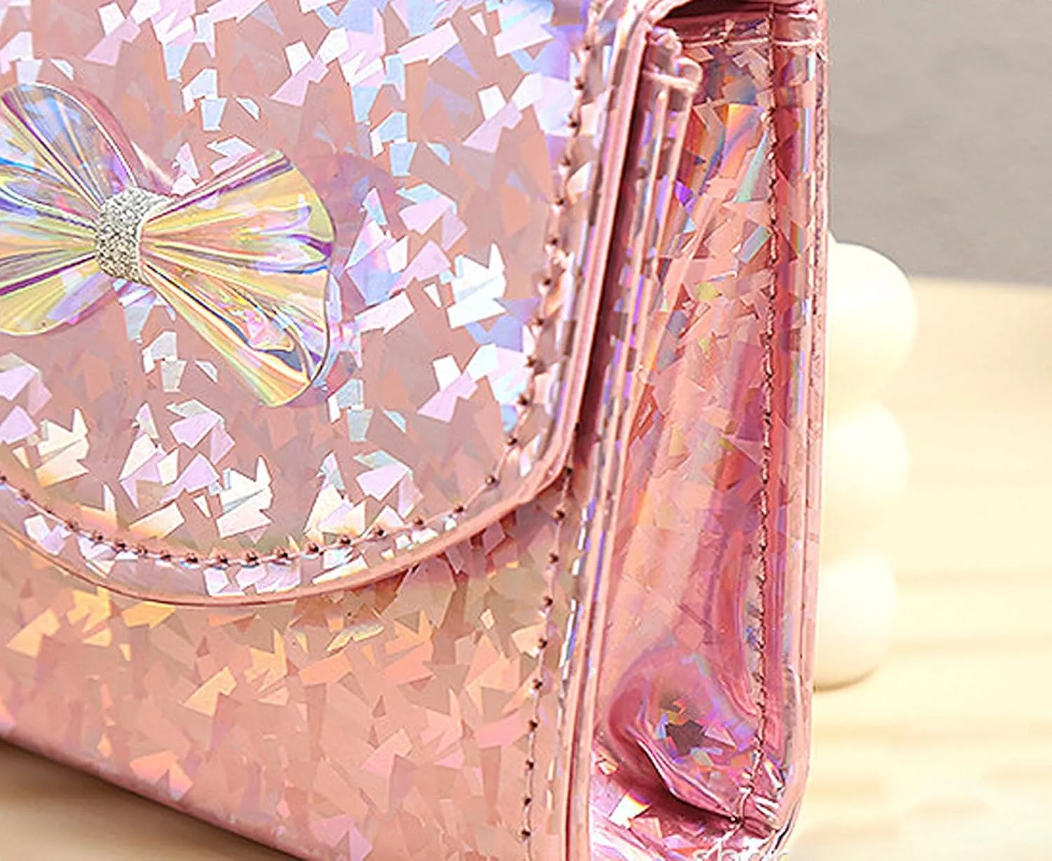 BOLLEY JOSS Kids Mini Purse Little Girls Shiny Holographic Handbag with Pearl Handle Gold Chain Cute Bowknot Purse