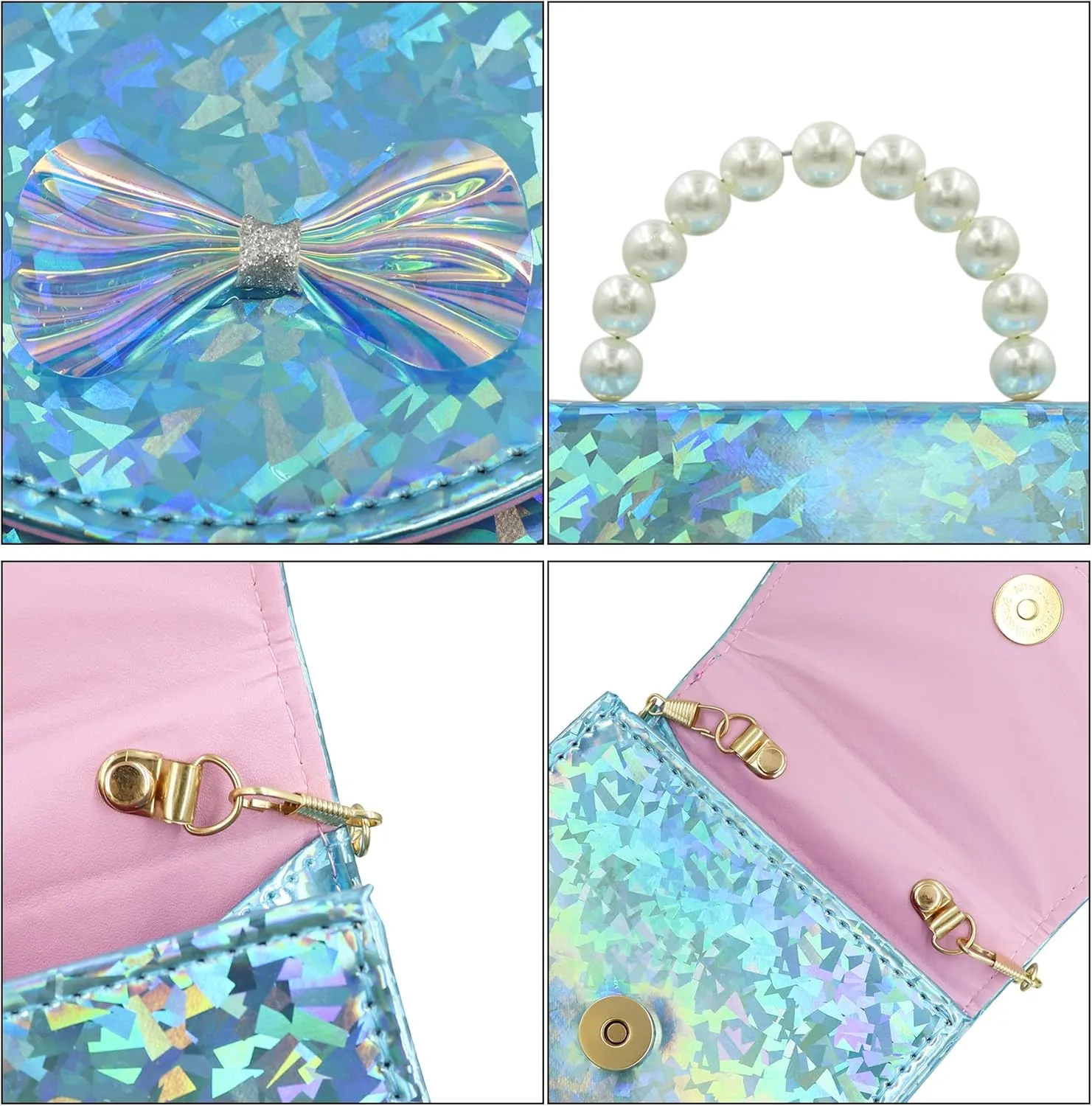 BOLLEY JOSS Kids Mini Purse Little Girls Shiny Holographic Handbag with Pearl Handle Gold Chain Cute Bowknot Purse